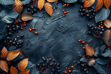 Autumn leaves and berries lie on a dark decorative surface. - obrazy, fototapety, plakaty