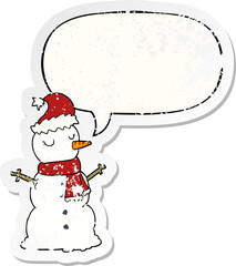 cartoon snowman and speech bubble distressed sticker