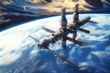 An intricate orbital space station hovers above Earth, with solar panels extended, against a backdrop of space and a distant moon. Concept high technology, video games, marketing and advertising.