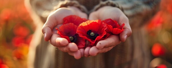 Poppy flowers in hands, closeup view. Remembrance day or Anzac day symbol. Lest we forget.