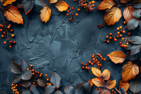 Autumn leaves and berries lie on a dark decorative surface.  A luxurious.autumn background for greeting cards, calendars, banners. Free space for text