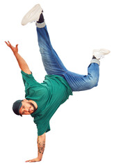 breakdancer guy performing inverted freeze technique on transparent background	