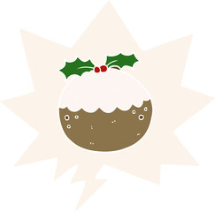 cartoon christmas pudding and speech bubble in retro style