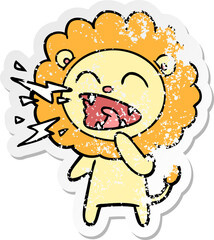 distressed sticker of a cartoon roaring lion