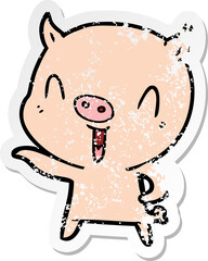 distressed sticker of a happy cartoon pig