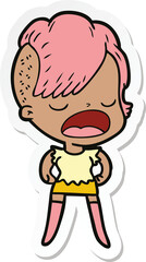 sticker of a cartoon cool hipster girl talking