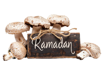 ramadan written on a board next to Mushroom, PNG transparent object