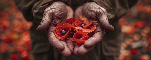 Poppy flowers in hands, closeup view. Remembrance day or Anzac day symbol. Lest we forget.