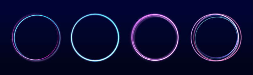 Neon circle frame on blue background. Glowing neon circle frame. Night road speed illustration. Rounded neon line with light effect. Swirl glow magic line trail. Light effect motion