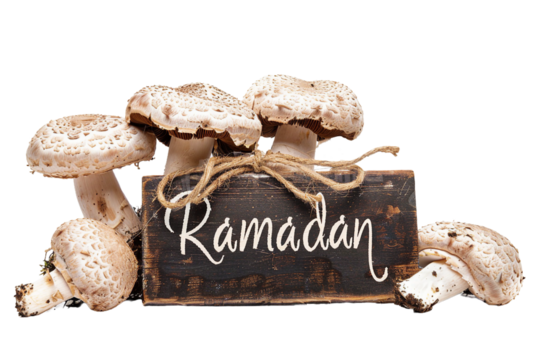 ramadan written on a board next to Mushroom, PNG transparent object