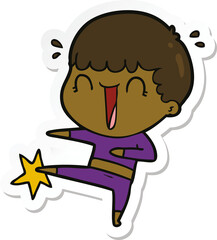 sticker of a laughing cartoon man karate kicking