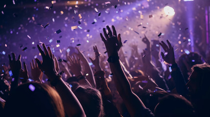 Close up photo of many party people dancing purple lights confetti flying everywhere nightclub event hands raised up wear shiny clothes