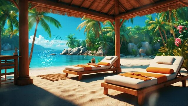 Tropical resorts and restaurants on beautiful beaches. cartoon or anime style. Seamless looping 4k video animation.