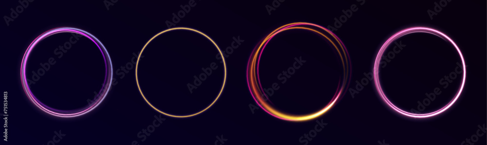 Poster gradient neon circle frames set. fire light circles trails of sparkling gold glitter, vector glow fl