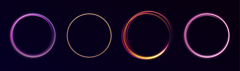 Gradient neon circle frames set. Fire light circles trails of sparkling gold glitter, vector glow flare swirls on transparent background. Magic circle vector. Luminous spiral. round frame.