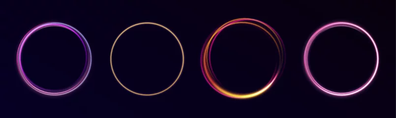 Tuinposter Gradient neon circle frames set. Fire light circles trails of sparkling gold glitter, vector glow flare swirls on transparent background. Magic circle vector. Luminous spiral. round frame. © MEDUZA