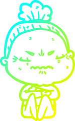 cold gradient line drawing cartoon annoyed old lady
