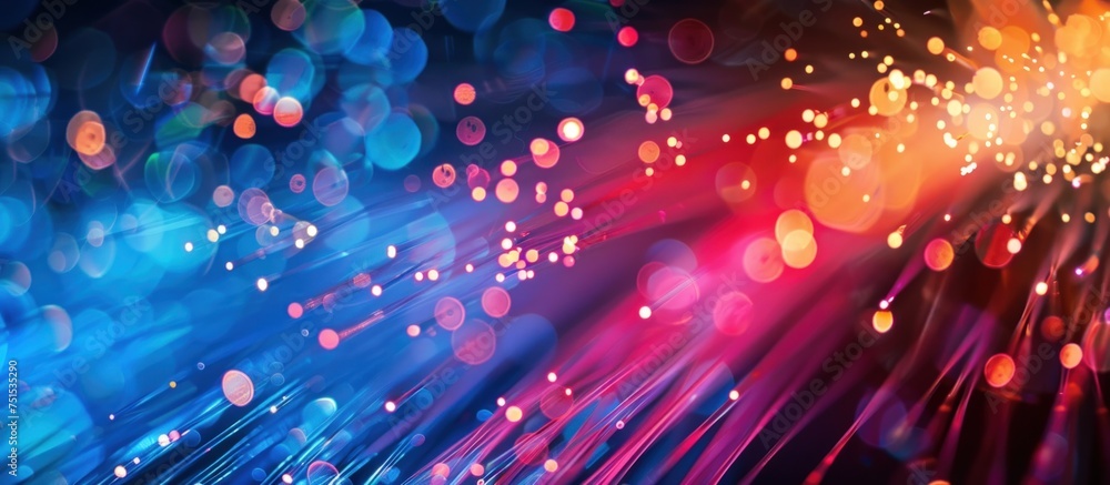 Poster digital, dynamic abstract light fibers that intertwine and blend with neon colors on a dark backgrou