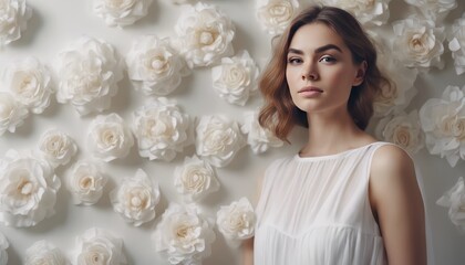 Beautiful tender woman in white dress posing by the background of white paper flowers
