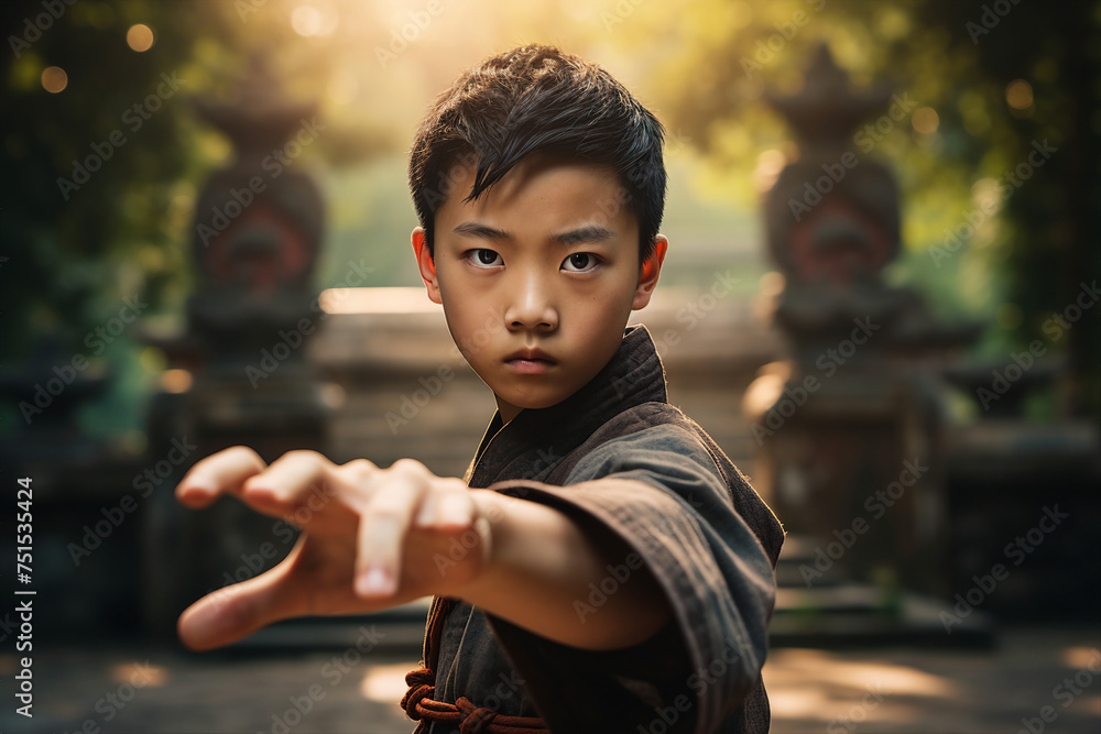 Poster generative ai image of asian man fighter practices martial arts kung fu and karate pose