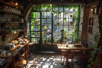 Vintage bakery cafe with eclectic decor and aged patina walls, highlighted by daylight, offers warm setting for savoring artisan baked goods. Rustic coffee shop with retro vibe featuring weathered