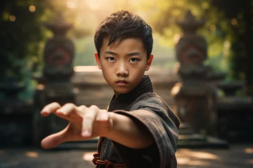 Dekokissen Generative AI image of asian man fighter practices martial arts kung fu and karate pose © Tetiana