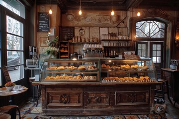 Artisanal bakery counter with sunlight illuminating the selection of fresh bread and pastries,...