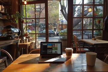 Café ambiance with a laptop on the table, warm coffee beside, and soft lights, offering a cozy nook for work and contemplation. complete with technology and a steaming beverage, embodies urban comfort - obrazy, fototapety, plakaty