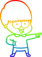 rainbow gradient line drawing happy cartoon boy pointing
