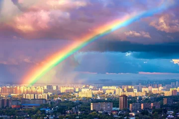 Fotobehang Rainbow Over the City, Rain Bow Sky Town Landscape, Urban Cityscape after Rain, Rainbow © artemstepanov