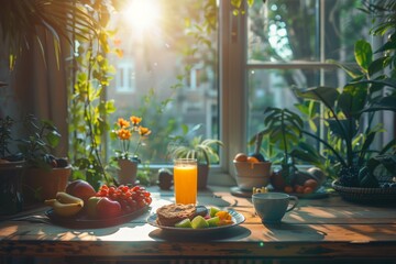 Obraz na płótnie Canvas Morning light floods a cozy kitchen, illuminating a wholesome breakfast spread and vibrant houseplants by the window. Sunbeams cast a warm glow over a rustic table set with fresh fruit and coffee,