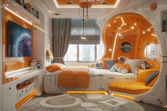 Bright and cheerful futuristic children's bedroom, space-themed furniture, Futuristic bedroom design with a cosmic theme, featuring a vibrant circular window showcasing the galaxy and stars.