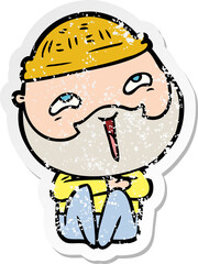 distressed sticker of a cartoon happy bearded man