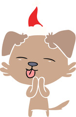 flat color illustration of a dog sticking out tongue wearing santa hat