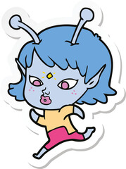 sticker of a pretty cartoon alien girl running