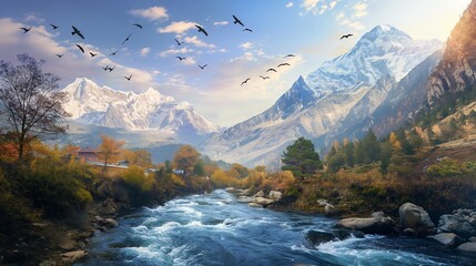 Nature's masterpiece unfolds as crystal-clear streams carve through rugged mountains, embracing tranquil villages, with the added grace of colorful birds in flight. - Powered by Adobe