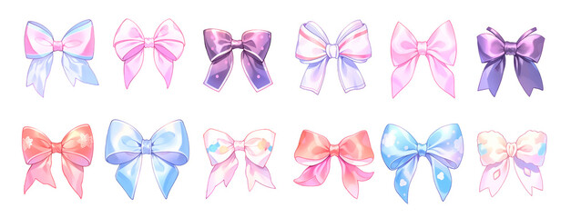 Satin bows, beautiful ribbon knots set. Pastel pink and blue colors. Trendy elegant realistic decor elements collection - 751536466