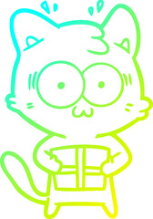 cold gradient line drawing cartoon surprised cat with christmas present