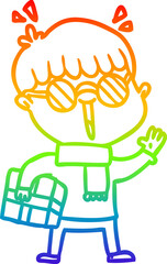 rainbow gradient line drawing cartoon boy with parcel waving