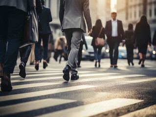 Fototapeta premium Cropped legs busy city, business people on zebra crossing street, day time 