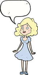cartoon happy woman in dress with speech bubble