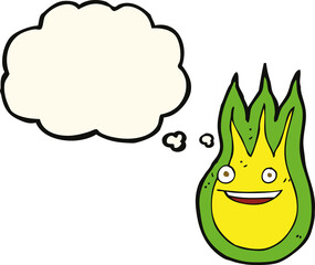 cartoon friendly fireball with thought bubble