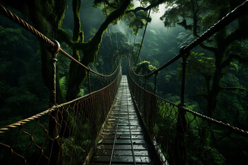 A long suspension bridge made of wooden planks extending through a dense forest made with generative AI