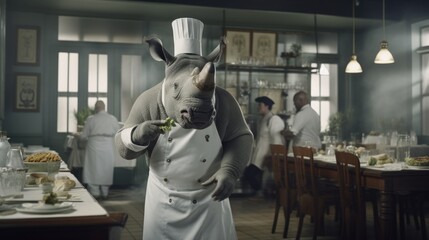 Rhinoceros chef cooks preparing food in restaurant kitchen. Animal chef