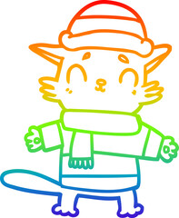 rainbow gradient line drawing cartoon cat in winter clothes