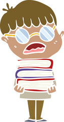 flat color style cartoon boy with books wearing spectacles