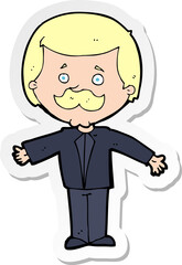 sticker of a cartoon mustache man with open arms