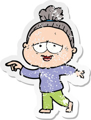 distressed sticker of a cartoon happy old lady