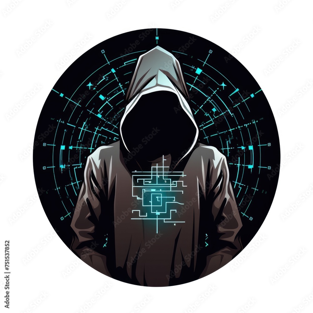 Poster minimalistic graphic logo of computer hacker on white background