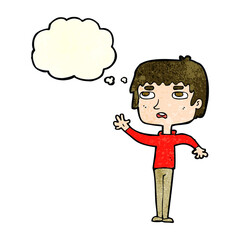 cartoon unhappy boy waving with thought bubble